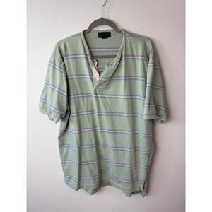 Hunt Club Mens Large Green Striped Short Sleeve Cotton Henley Shirt Casual L